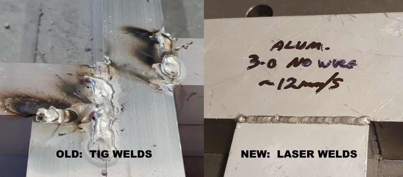 Comparison of thick, messy TIG welds and small, neat laser welds on aluminum